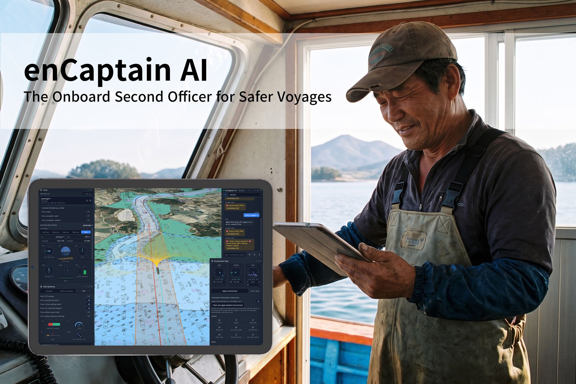 A solo skipper on a small fishing boat using enCaptain AI on a tablet