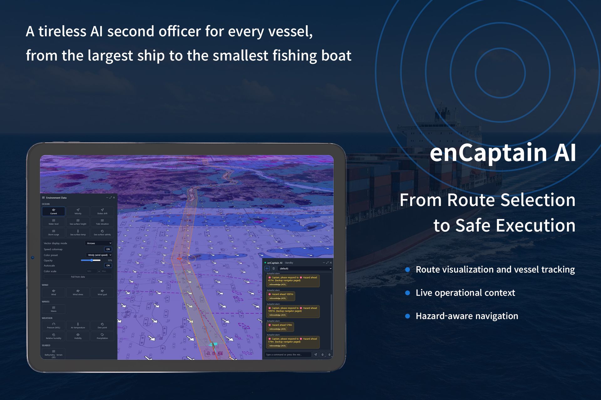 Route visualization with vessel tracking and hazard-aware navigation on S-100 environment layers