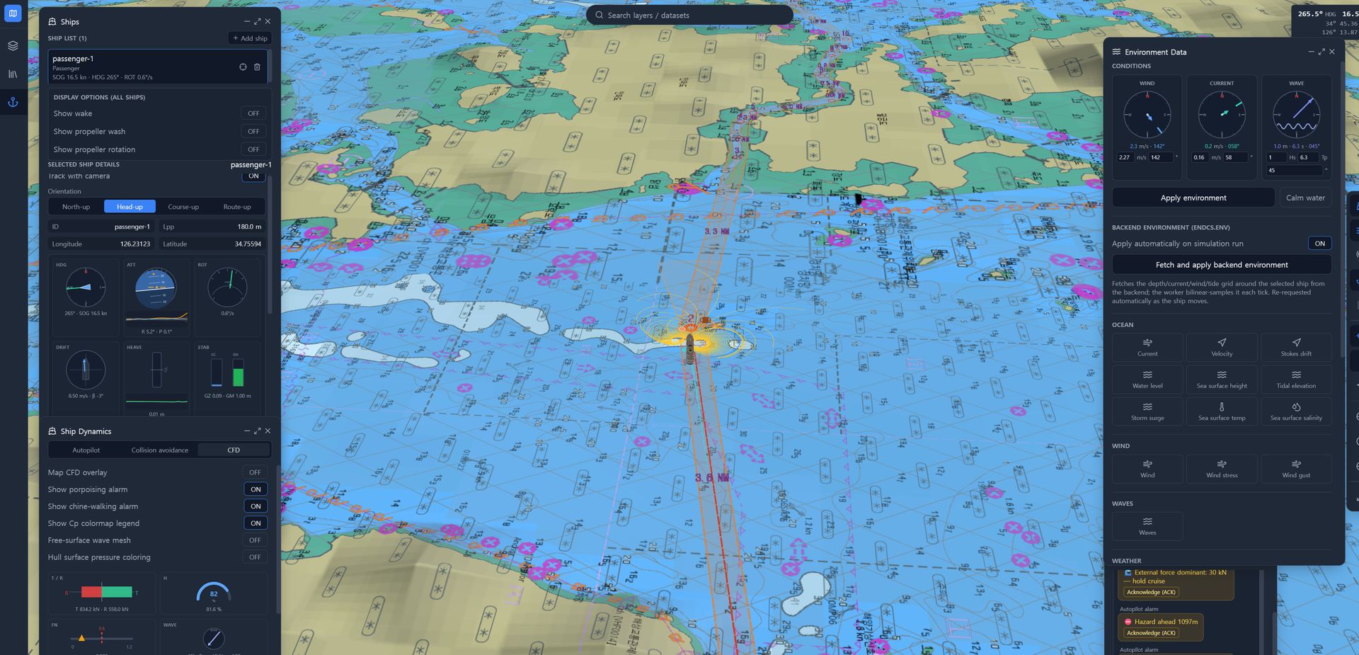 enCaptain AI voice dialogue during navigation with hazard alarms and weather briefing